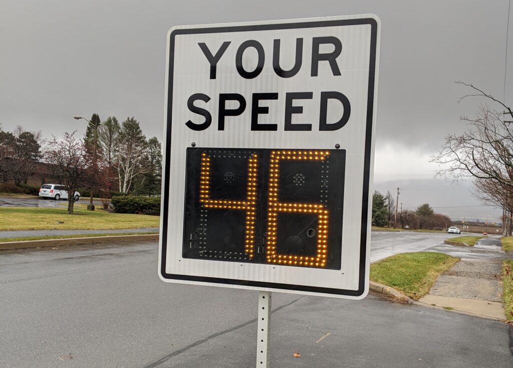 A shield radar speed sign that can run an 85th percentile speed report.