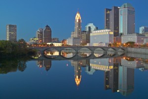 Scioto River and Columbus Ohio skyline at dusk