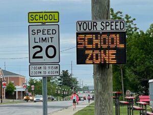 SpeedAlert radar and message sign reducing speeding in a school zone